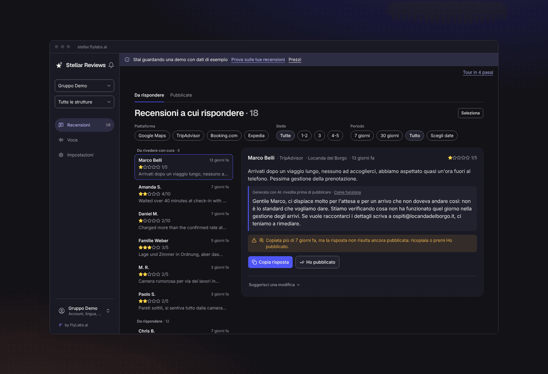 La página de reseñas de Stellar Reviews: cada reseña tiene al lado un borrador de respuesta escrito con IA, listo para copiar o editar.