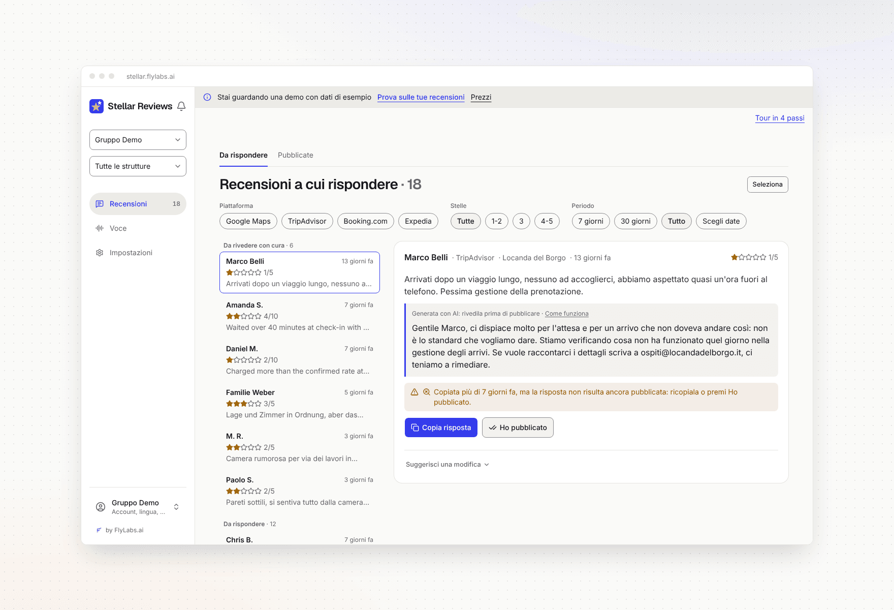 La página de reseñas de Stellar Reviews: cada reseña tiene al lado un borrador de respuesta escrito con IA, listo para copiar o editar.